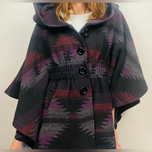 Steve Madden Poncho-Style Jacket – Southwest Geometric Hooded Cape, Size M - Picture 2 of 13
